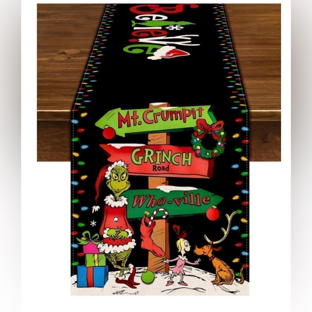 Grinch Christmas Table Runner Merry Christmas Winter Holiday Party Decorations